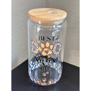 16oz glass cup with bamboo lid & straw – “Best Dog Mom Ever”